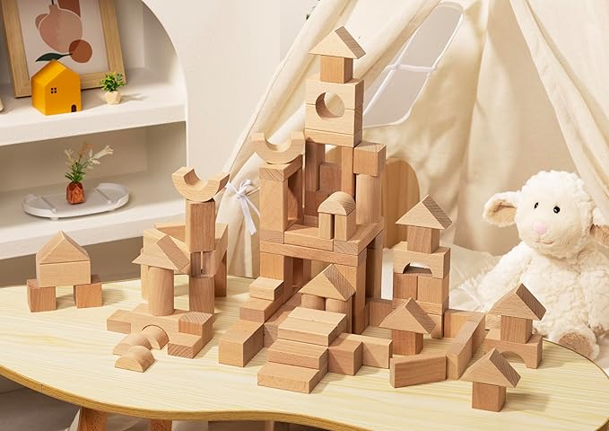 Pidoko Kids 100pcs Natural Beech Wood Building Blocks for Toddlers 1-3, Wooden Blocks with Storage Bucket and Shape Sorter Lid Montessori Toys for 1 2 3 Year Old Boys and Girls, Preschool Learning