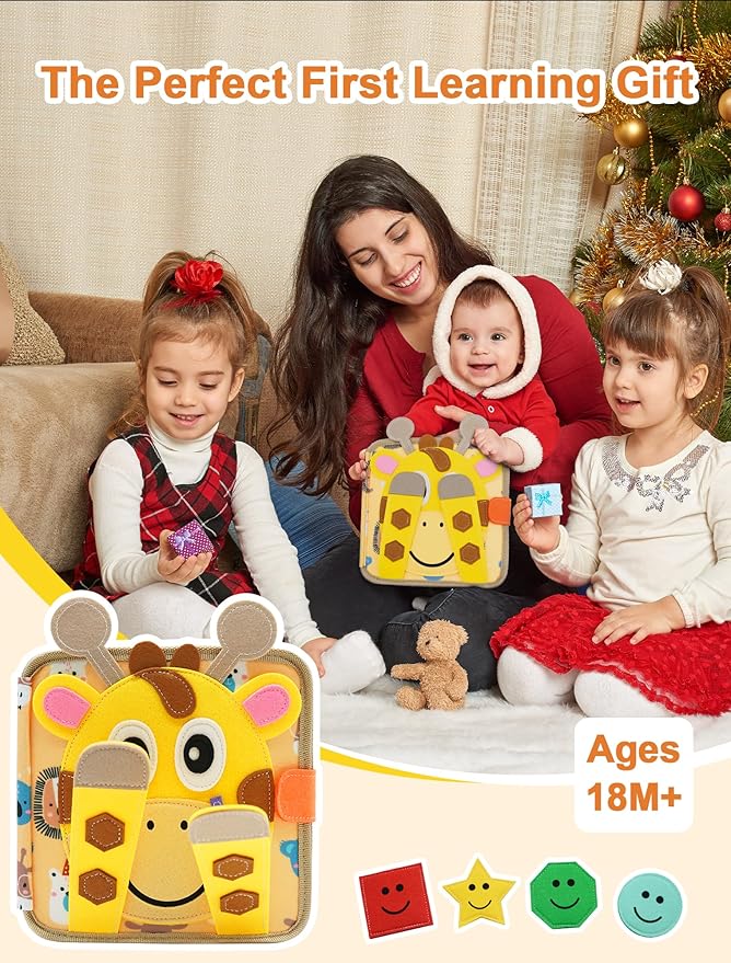 Busy Book for Toddlers 1-3, Montessori Toys for 1 Year Old, Kids Travel Toys, Educational Activity Book, Birthday Gifts for Boys & Girls, Washable Felt Busy Board, Giraffe