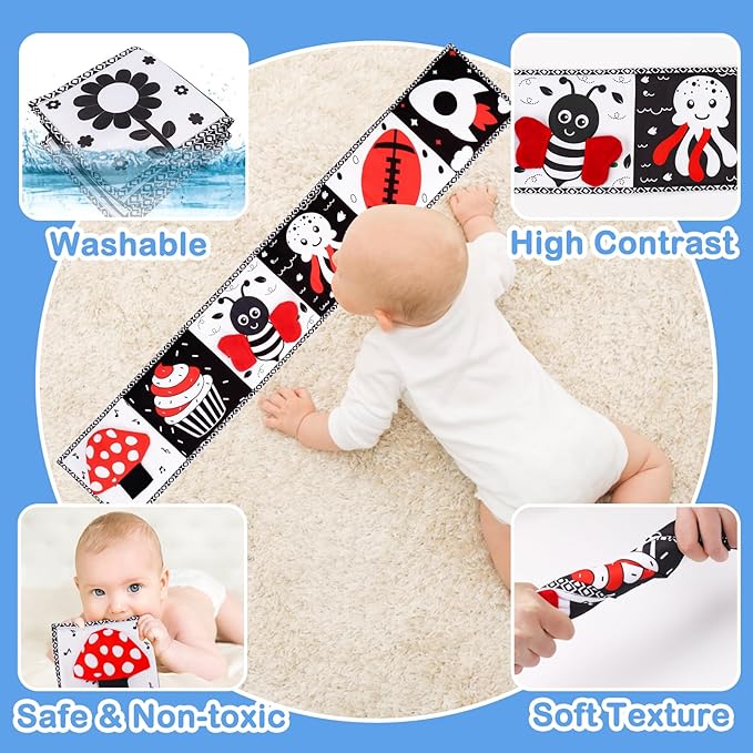 Black and White High Contrast Toys for Baby 0-3 3-6 months Infant Tummy Time Soft Book Sensory Musical Toy 0-2-4-6 month Babies Brain Development Crinkle Book Mirror Newborn Christmas Stocking Stuffer