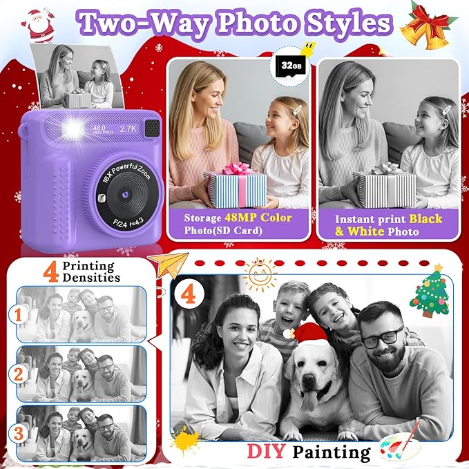 Kids Camera Instant Print, 1080P HD Digital Video Recorder with 32GB SD Card, Christmas Birthday Gifts for 3-12 Year Old Girls and Boys, Portable Toy for Toddlers and Kids (Purple Pro)