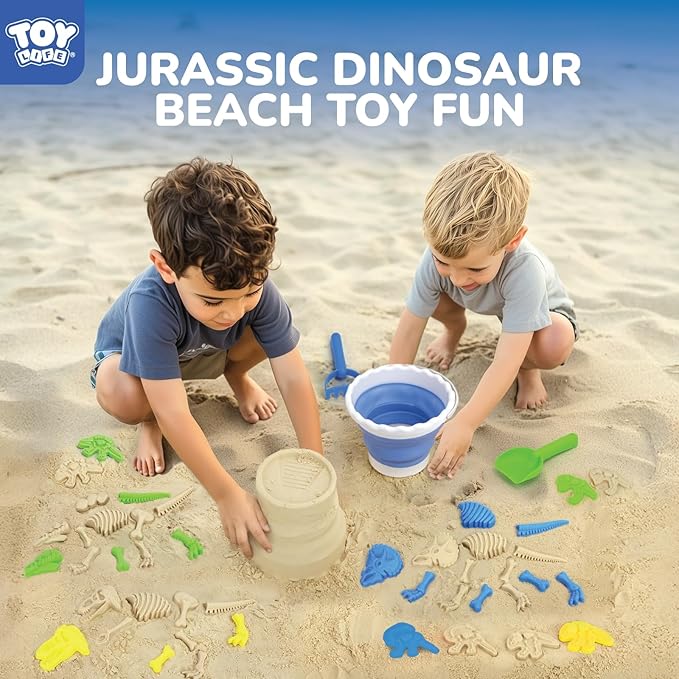 TOY Life 30 Pcs Dinosaur Fossil Beach Toys for Kids Ages 4-8 Collapsible Sand Toys with Dinosaur Toys Silicone Bucket Shovels & Dino Digging Building Kit Molds, Sandbox Toy for Summer, Travel