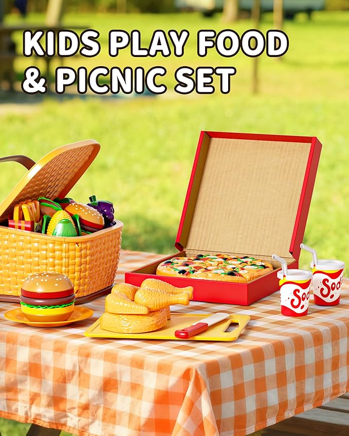 Pretend Play Food for Kids, Cutting Toy Food Set with Picnic Basket, Play Kitchen Accessories, Food Toys with Veggies, Fruits, Pizza Toy for Boys Girls Gift