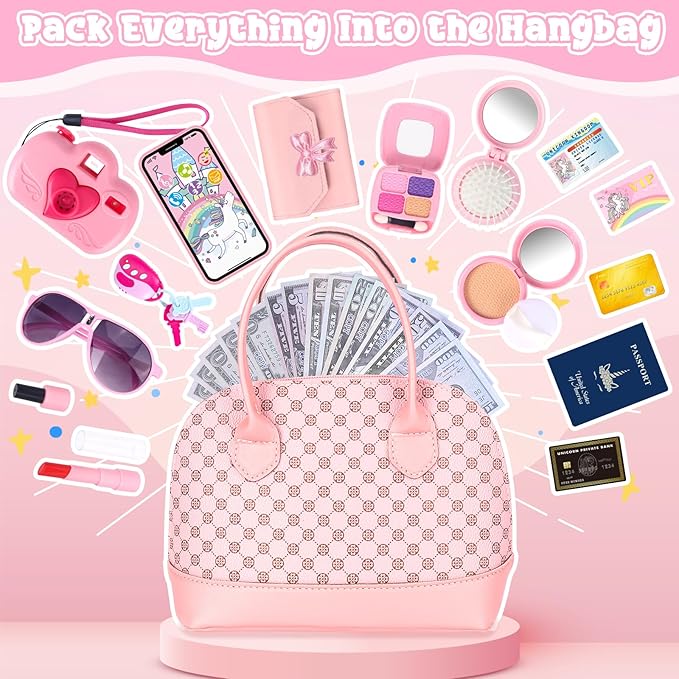 Toddler Play Purse for Little Girls, 35PCS Kids Purse with Pretend Play Princess Toys Includes Handbag, Camera, Phone, Wallet, Key, Kids Purse Birthday Gift for Girls Toddler Age 3 4 5 6+