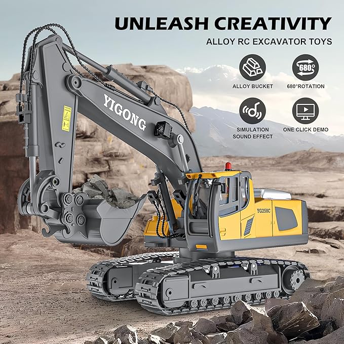 Remote Control Excavator Toy, Rechargeable 11 Channel 2.4Ghz RC Construction Vehicles with Metal Shovel for Kids, 680° Rotation with Lights and Sound - 1/20 Scale Digger for Boys 6-12