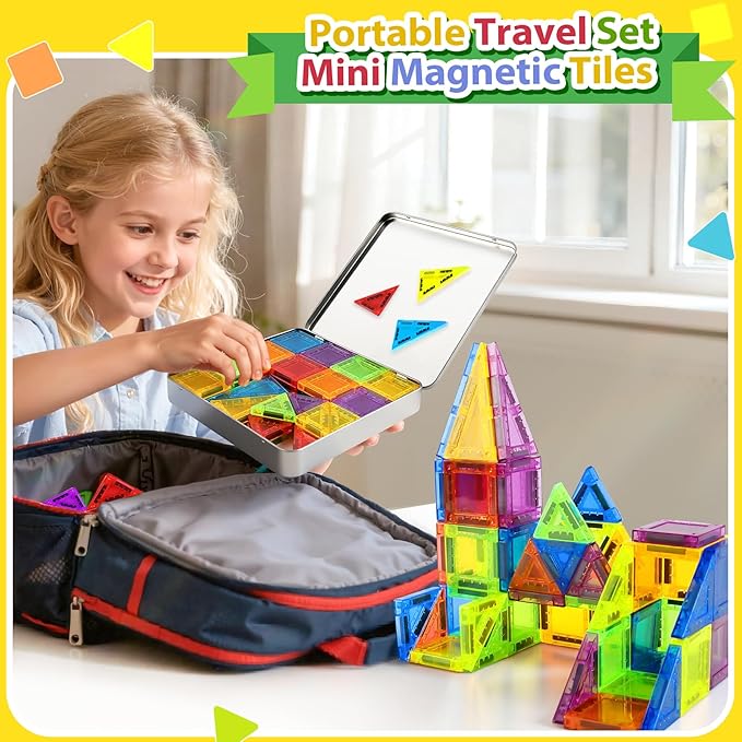 Enjoyjoy Mini Magnetic Tiles - 50PCS Travel Magnetic Tiles Set with Metal Case Portable On-The-Go Magnet Tiles for Kids Magnet Building Blocks Ages 3+ Boys and Girls Christmas Birthday Gift