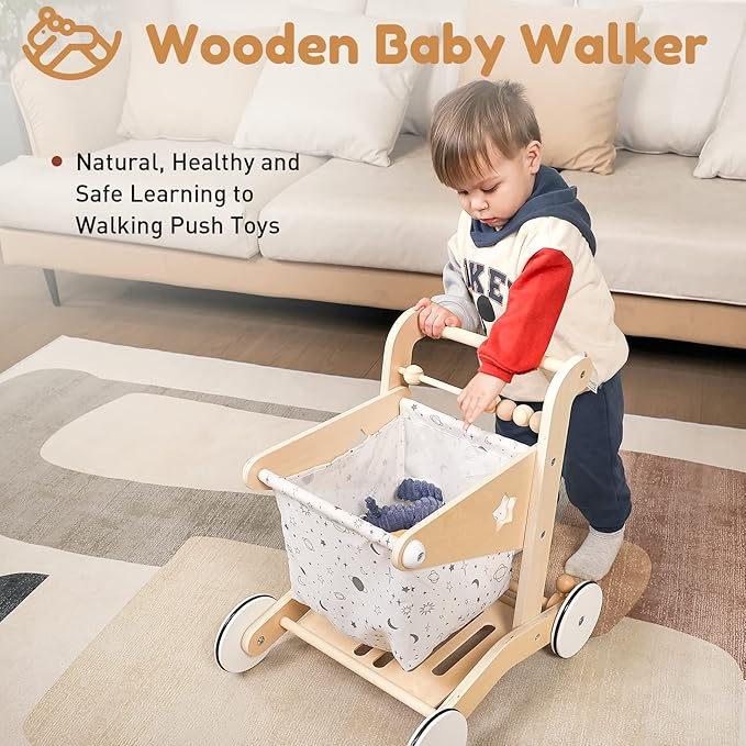 Woodtoe Wooden Baby Walker Doll Stroller | Adjustable Speed Shopping Cart for Toddlers 1-3 | Baby Push Walker - Pretend Play Grocery Cart | Wood Stroller Push Toys for Baby 1 2 3, 1st Birthday Gift
