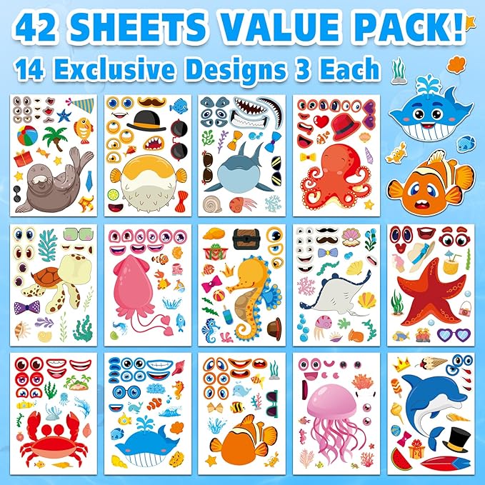 Aowplc 42 Pcs Ocean Animals Make-a-Face Sticker Sheets for Kids - 14 Sea Creature Designs for Party Favors, Classroom Activities, Arts & Crafts