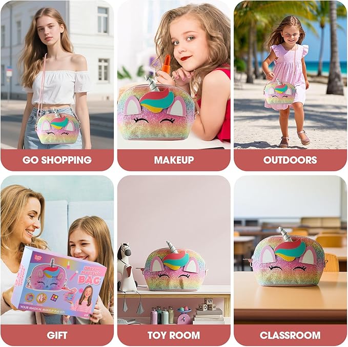 21Pcs Kids Makeup Kit for Girl, Princess Toys Real Washable Cosmetic Set with Sparkly Unicorn Purse, Kids Makeup Sets for Girls, Play Make Up Birthday Gifts for 3 4 5 6 7 8 9 10 11 12 Years Old Kid