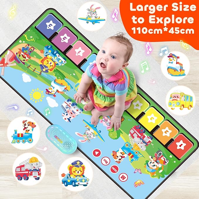 MOMUSE Piano Music Mat with 80 Sounds, Large Animal Car Touch Blanket Playmat Carpet Musical Toddlers Toys 1-3, Floor Keyboard Dance Sensory Educational Mat Boys Girls Gifts for 1 2 3 4 5 Years Old