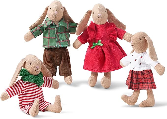 Giant bean® Bunny Toys for Kids, Christmas Bunny, 4 PCS Hand Made Rabbit Family Dolls with Removable Clothes, Suitable for Infants, Boys and Girls, Dollhouse People