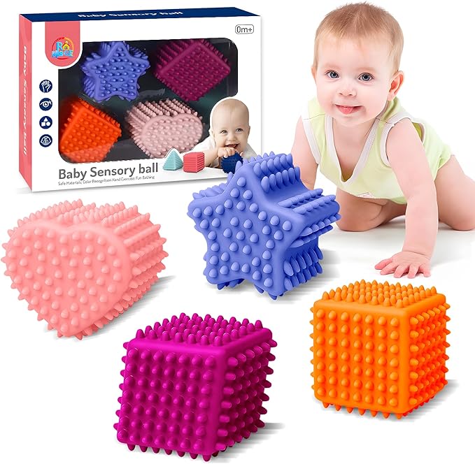 Soft Spiky Sensory Balls - Montessori Toys Baby Balls 6 to 12 Months Textured Geometric Shapes for Babies' Sensory Development,Massage Sensory Ball for Toddlers 1-3 Bright Colors Easter Gifts