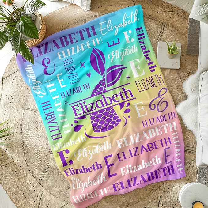 Kids Blanket for Girls 3-5, Custom Mermaid Gifts for Adults Teens Women, Personalized with Name Soft Warm Comfy Lightweight Monogram Mermaid Accessories Blankets for Travel Camp Home Living Room