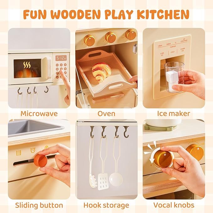 ROBOTIME Wooden Play Kitchen Set for Kids, Pretend Toddler Kitchen with Microwave, Sink, Stove & Ice Maker, Kids Kitchen Playset Gift for Boys and Girls Ages 3+ (Beige)