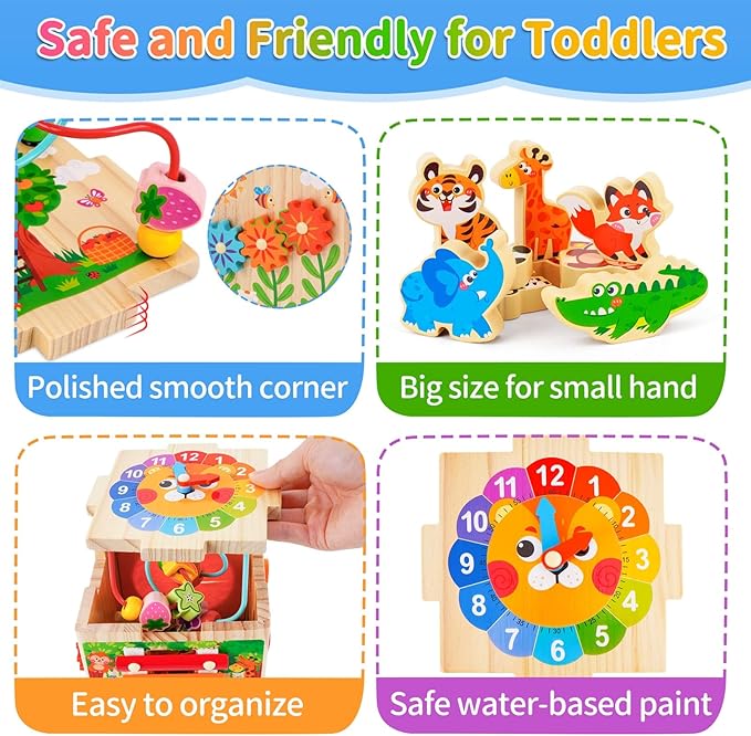 Wooden Activity Cube | Montessori Toys for 1-2 Year Old Toddlers | One Year Old 1st First Birthday Gift | Developmental Toys for 12 Months Baby Boys Girls | Bonus Sorting & Stacking Board (Pink)