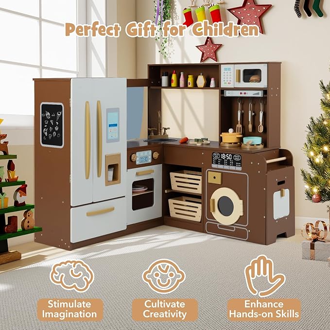 Costzon Corner Kitchen Playset, Kitchen Toy Set w/Real Lights & Sounds, Large Fridge, Ice Maker, Oven, Microwave, Washer, Trash Can & 22 Accessories, Wooden Pretend Play Kitchen for Kids 3+ (Brown)