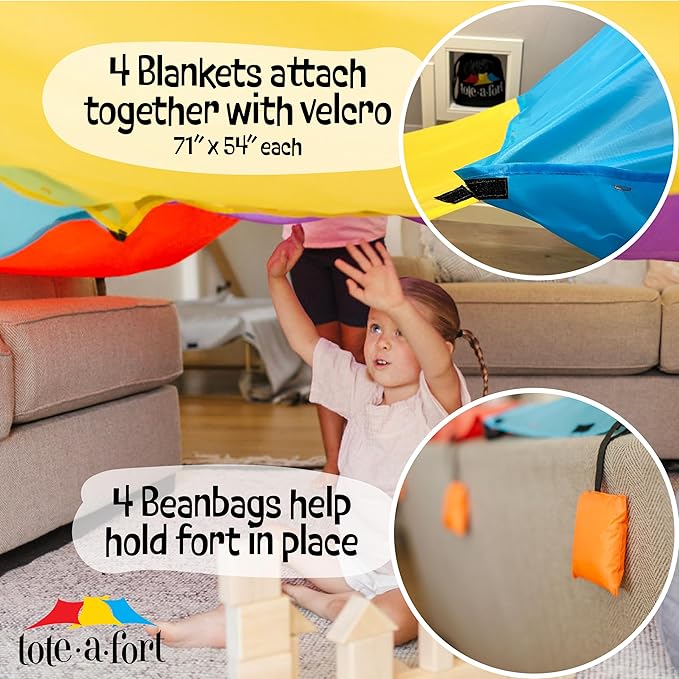 Tote a Fort Original XL Blanket Fort Building Kit - Portable Playhouse Play Tent Fort - Indoor & Outdoor Toy Set for Ages 4-12+ - STEM Toy - 4 Blanket Set
