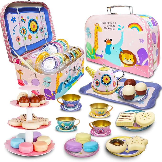 Tea Party Set for Little Girls, Pretend Dessert Food Set for Kids Age 3 4 5 6 7 8 9, Kids Kitchen Pretend Play Dessert Set for Girls Princess Boys
