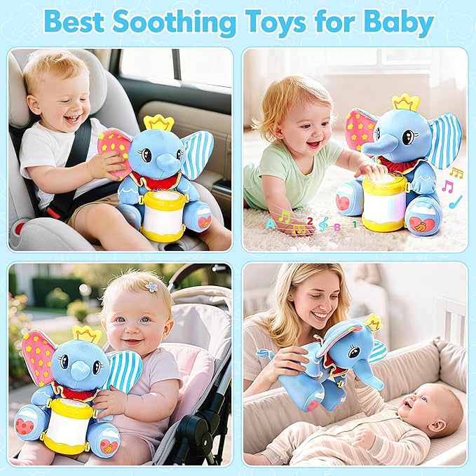 V-Opitos Stuffed Elephant Musical Toys for Baby 6-12 Months+, Early Learning Light up Music Drum, Perfect Christmas Birthday Gifts for Boy & Girl Age 1, 2 Years Old