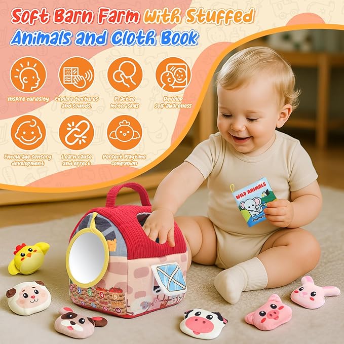 Baby Toys 6-12 Months, Barn Farm Stuffed Animals Sensory Newborn Toys for Babies Toddlers 1-3 Year Old with Rattle Crinkle Paper/Mirror/Cloth Books, Montessori Infant Toys for Boy Girl Birthday Gifts
