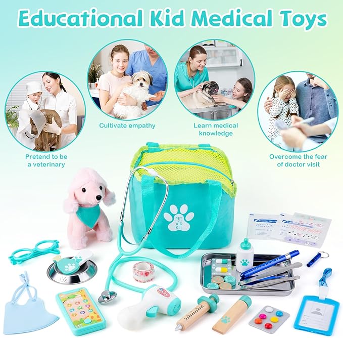 Sundaymot Doctor Kit for Kids, 37PC Pretend Play Doctor Toys, Doctor Kit for Toddlers 3-5, with Dog Toy, Medical Bag, Stethoscope and Other Accessories, for Boys and Girls Fun Role Playing Game