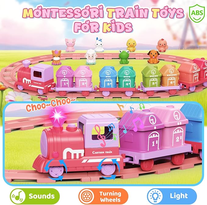 Learning Toys for Toddlers 1 2 3 Year Old,Electric Farm Train Set for Girls 2-4,Counting Matching & Sorting Montessori Train Toy with Farm Animals, Music, Light, Christmas Birthday Gift Baby (Pink)