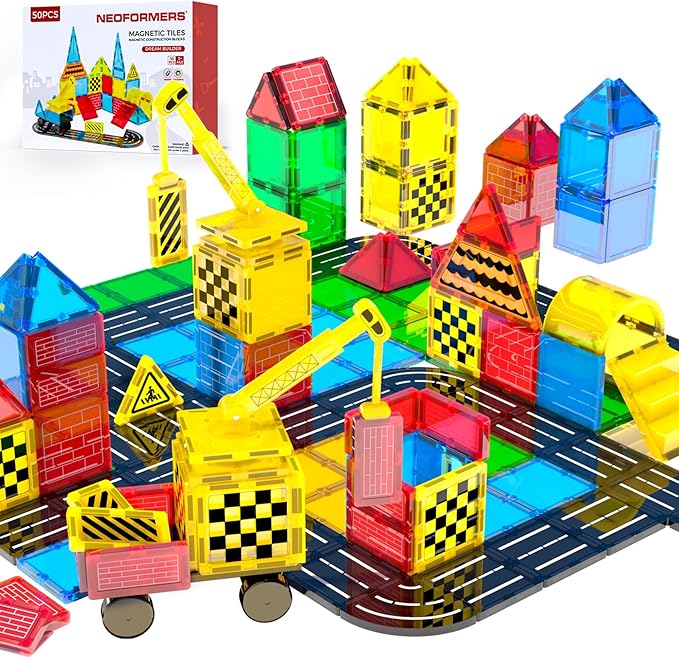 Magnetic Tiles Builder Construction Set, Magnetic Tiles Road Cars Set STEM Toys for Ages 3-8, Montessori Sensory Educational Magnet Toys for 3+ Year Old Boys and Girls Gifts