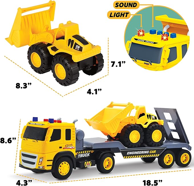 MOBIUS Toys Flatbed & Excavator Truck Set – 2-in-1 Friction-Powered Construction Vehicles with Lights & Sounds – Durable Push-and-Go Toy Trucks for Kids Ages 3–7 – Indoor & Outdoor Playset