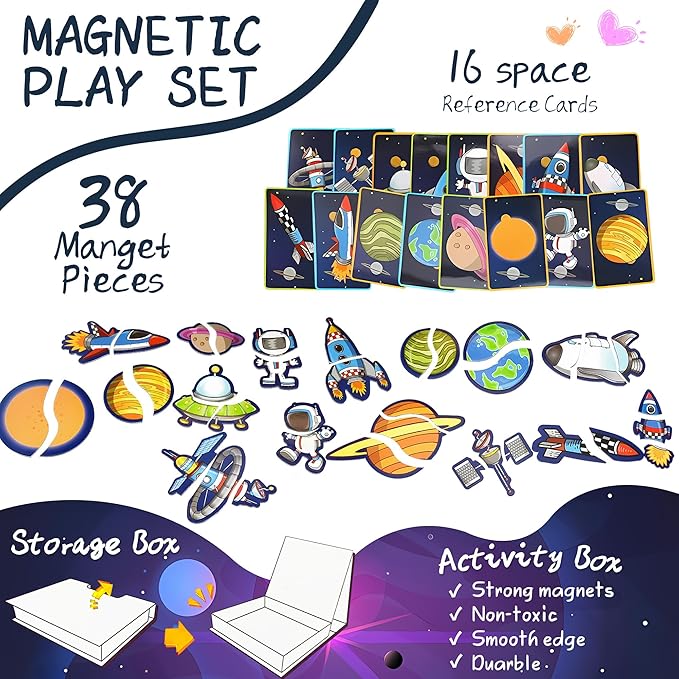 Space Magnetic Travel Game Montessori STEM Quiet Toys for Toddlers 3-5 with 38 Magnets & 16 Activity Cards - Educational Astronaut Magnetic Puzzles Airplane Toy for Kids Ages 3+