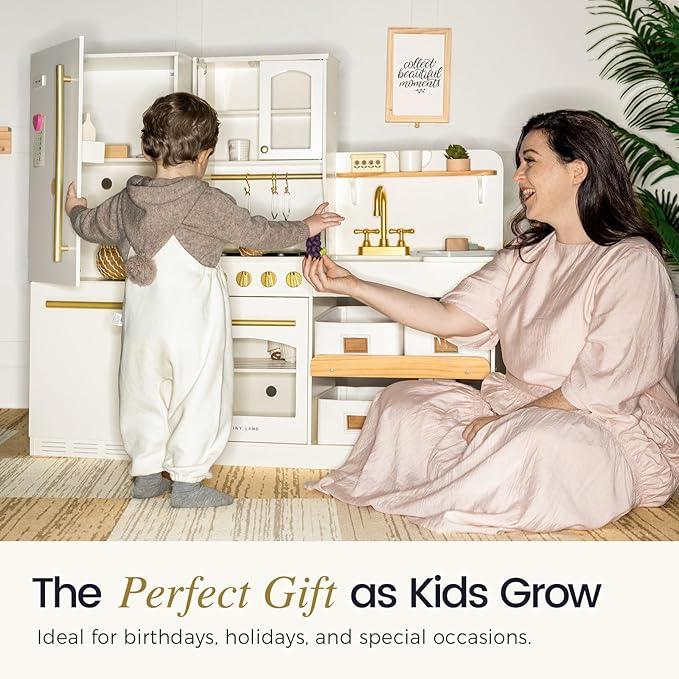 Tiny Land Wooden Toy Fridge with Spacious Storage, Realistic Play Kitchen Refrigerator for Kids’ Pretend Play with Three Freezer Magnets