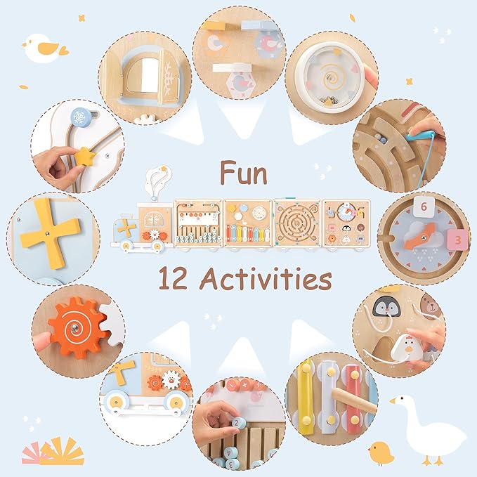 Train Activity Wall Busy Board, Wooden Montessori Sensory Toys, 12-in-1 Learning Activity Center for Playroom,Daycare, Nursery, Classroom, Educational Toys for Toddler