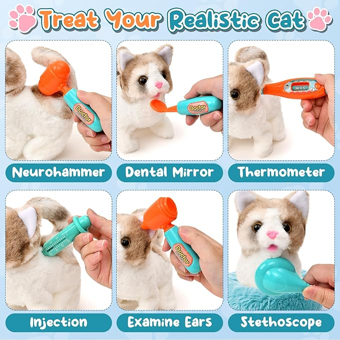 17PCS Cat Doctor Kit for Toddlers 3-5, Veterinarian Playset for Kids with Interactive Walk Meow Cat & Backpack Carrier & Nest & Medical Tool, Pet Vet Kit Pretend Play Toy Gift for Boy Girl 3-6