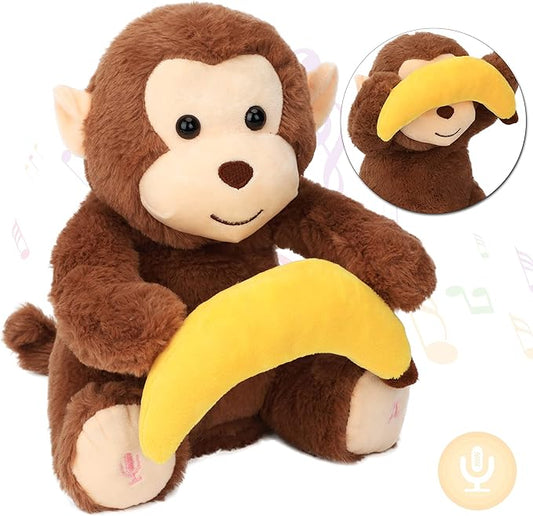 Hopearl Peek A Boo Monkey with Banana Interactive Repeats What You Say Plush Toy Musical Singing Talking Stuffed Animal Adorable Electric Animate Birthday Festival, Brown, 11''