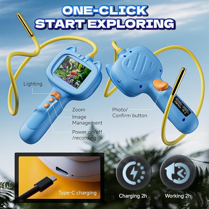 Borescope Snake Camera with Light for Kids，STEM Endoscope Educational Toy Kit，Outdoor Camping Nature Science Exploration Hoilday Birthday Gift for Boys & Girls Ages 3+ Years Old (Blue)