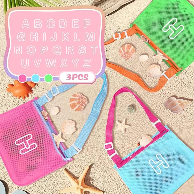 3Pcs Personalized Kids Beach Shell Bag, Initial Seashell Mesh Zipper Beach Pouch, Shell Collecting Bag for Holding Shells with Adjustable Straps, Sand Toys Swim Pouch Gift for Girl Boy Teens(Letter H)
