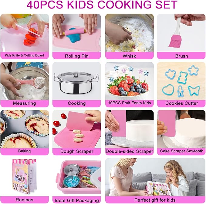 42 Piece Kids Real Cooking Set, Kids Knife Set, Baking Kit, Cookware, Play Pots and Pans, Mini Stainless Steel Pretend Play Cooking Toys, Apron and Chef Hat for Girls, Sensory Toys