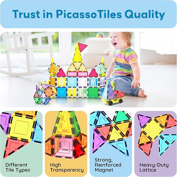 PicassoTiles Magnetic Tiles Toddler Toys Magnetic Building Blocks for Kids 61 Piece STEM Educational Toys for Girls & Boys Ages 3-12 Play for Preschool Learning Stocking Stuffer