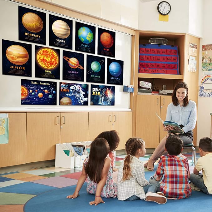 Outus 12 Pieces Solar System Educational Teaching Posters Laminated Kids Space and Planets Posters Print WallChart Art for Toddlers Classroom Bedroom 10.6 x 14.1 Inch