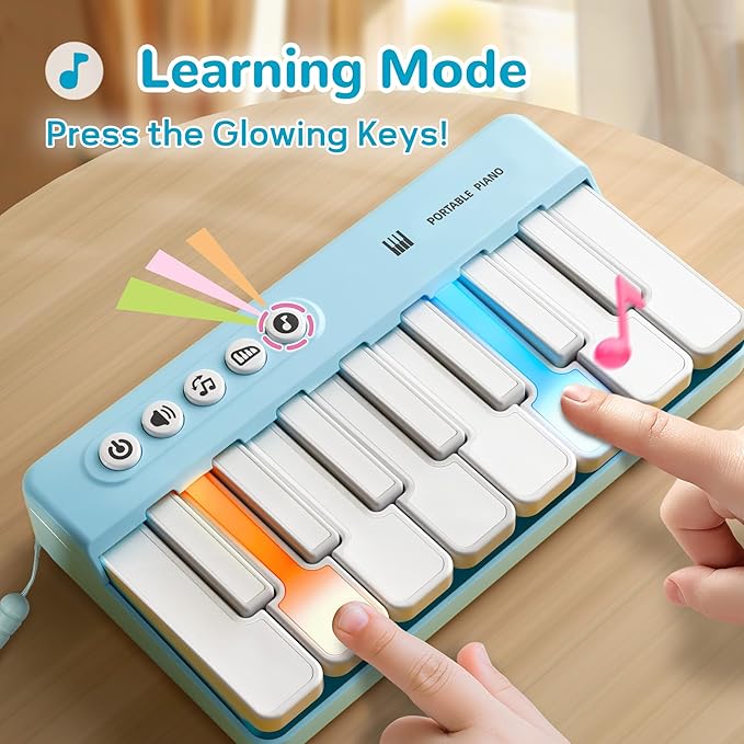 iPlay, iLearn Kids Mini Piano Toy W/Rainbow Lights, Toddler Pocket Travel Piano Keyboard for 1-3, Portable Musical Instrument Toys, Music Interactive Birthday Gift 2 4 5 6 Year Old Boy Girl Child-Blue