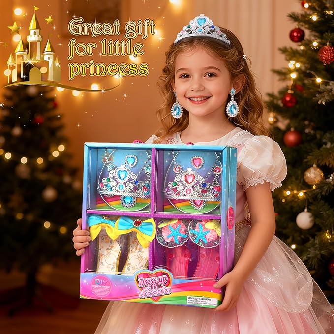 Princess Dress Up Shoes Set Girls Role Play Shoes Toddler Pretend Jewelry Toys Set Gift Set 2 Pairs of Shoes Kit Collection of Tiara Crown Earrings Necklace Rings for Girls Aged 3-6 Years Old
