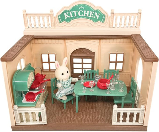 Family Kitchen Doll House — Cozy Cabin with Bunny Figure, Dining Set & Cookware, Complete Modular Dollhouse Playset for Creative Pretend Play Ages 3+