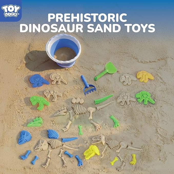 TOY Life 30 Pcs Dinosaur Fossil Beach Toys for Kids Ages 4-8 Collapsible Sand Toys with Dinosaur Toys Silicone Bucket Shovels & Dino Digging Building Kit Molds, Sandbox Toy for Summer, Travel