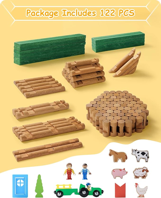 SainSmart Jr. Wooden Log Cabin Set Farm Building House Toy for Toddlers, 122 PCS Classic STEM Construction Kit with Colorful Wood Logs Blocks for 3+ Years Old