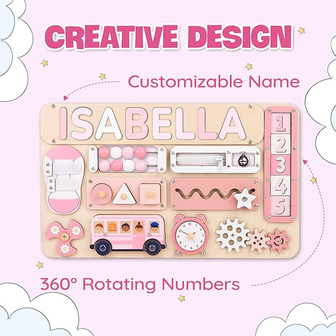 Personalized Large Busy Board for Toddlers - Montessori Busy Board - Montessori Toys for 1 Year Old Baby Boys Girls - Sensory Toys for Toddlers 1-3 - Peronalized Baby Gift