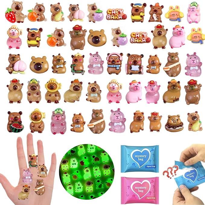 100 Pcs Random Mini Capybara with Glow in the Dark Feature, Individually Packaged Blind Bags – Cute Collectible Resin Toys for Kids, Fairy Gardens, Desk Decor, Party Favors, and Creative DIY Projects
