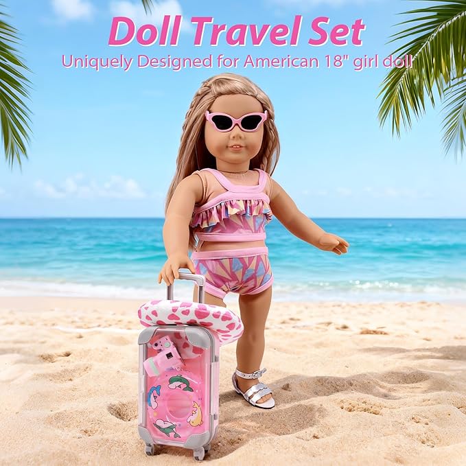 Acelane American Doll Travel Suitcase Play Set - 18 Inch Doll Travel Carrier with Luggage, Clothes, Sunglasses, Camera, Laptop, Pillow - Pretend Play Toys Gift for Girl's Birthday, Christmas, Party