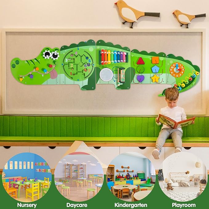 Crocodile Activity Wall Busy Board Panels | 9-in-1 Wooden Sensory Wall Panel for Kids, Montessori Learning Activity Center | Perfect for Toddler Playroom, Daycare, Nursery, Classroom or Dr's Office