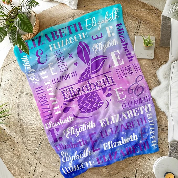 Blankets for Kids Girls 6-8, Custom Mermaid Gifts for Children Teens, Personalized with Name Soft Flannel Lightweight Monogram Name Accessories Blanket for Travel Camping Outdoor Decoration