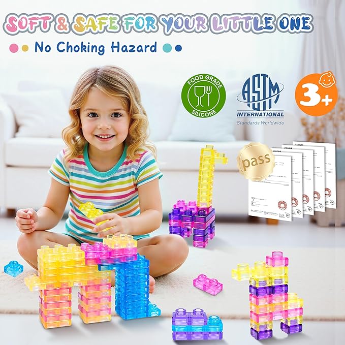 40 PCS Sensory Soft Building Blocks for Toddlers, Montessori Squishy Stacking Toy Set for Kids, Squeezable & Stretchable Early Learning Construction Playset, Multicolor Puzzle Blocks for Creative Play