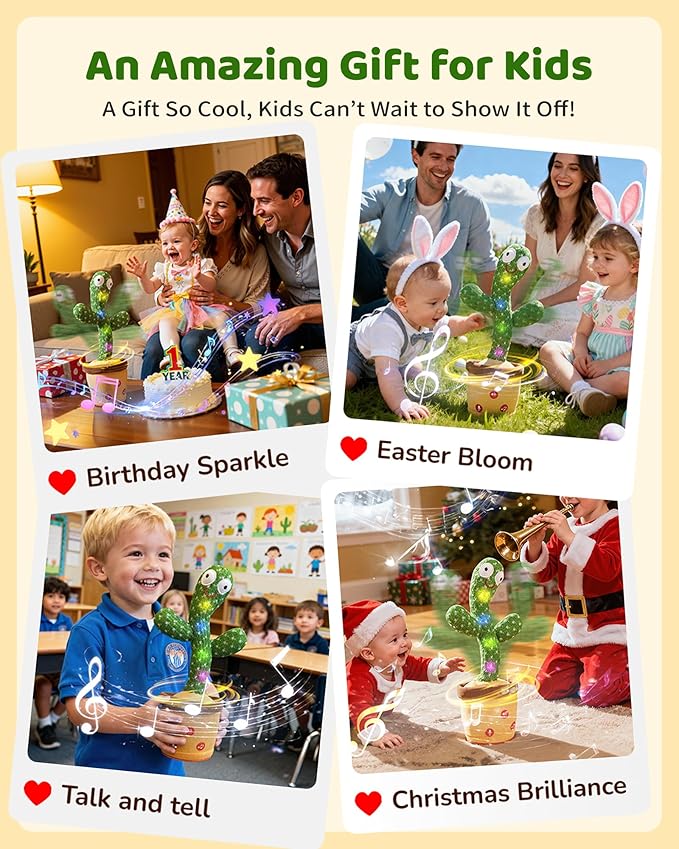 Dancing Talking Cactus Baby Toy, Mimicking & Repeating with Singing, Dancing and Recording, Volume Adjustable, Stocking Stuffers for Infants Toddlers Boys and Girls