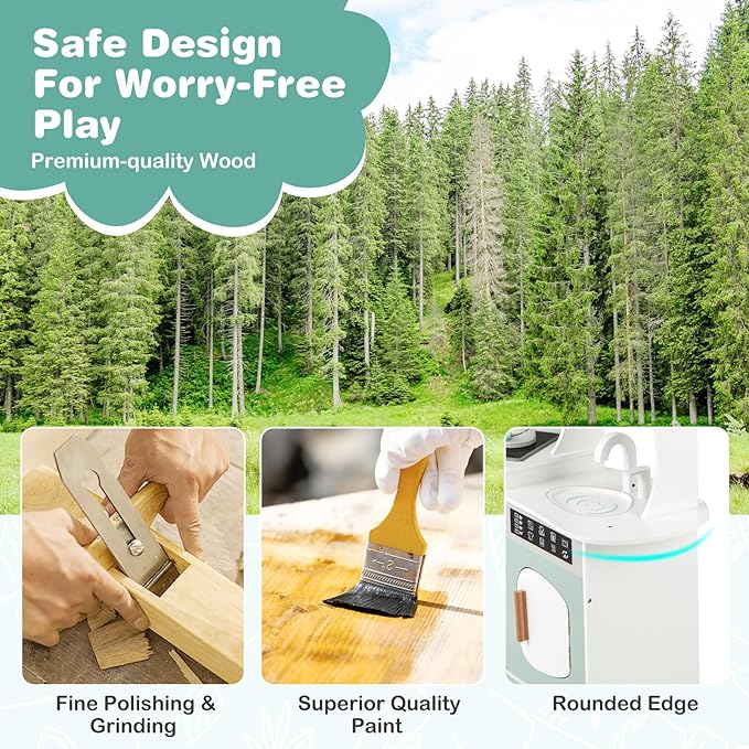 INFANS Corner Kids Kitchen Playset, Toddler Wooden Pretend Cooking Set with Lights Sounds Coffee Machine Washing Machine, Stove Removable Sink Storage Cabinet, Simulation Play Kitchen Toy (Blue)